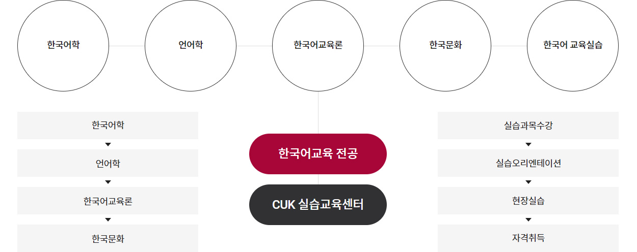 한국어교육전공은 CUK실습센터와 함께 한국어학, 언어학, 한국어교육론, 한국문화, 한국어 교육실습을 중심으로 한국어학, 언어학, 한국어교육론, 한국문화의 이론수업과 실습과목수강, 실습오리엔테이션, 현장실습, 자격취득의 실습을 진행한다.